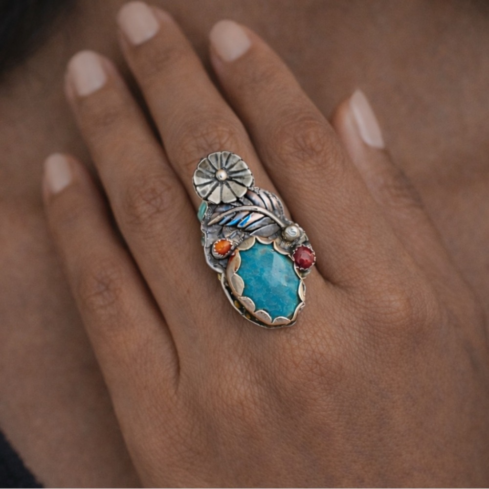 Jody Waltman Sterling Turquoise & Coral Ring, Floral Concho Leaf - Size 6.5